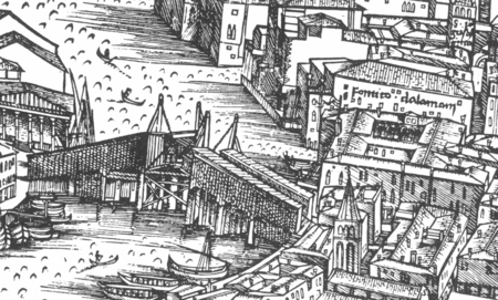 Мост Риальто на карте Якопо де Барбари, 1500, Венеция. Музей Коррер